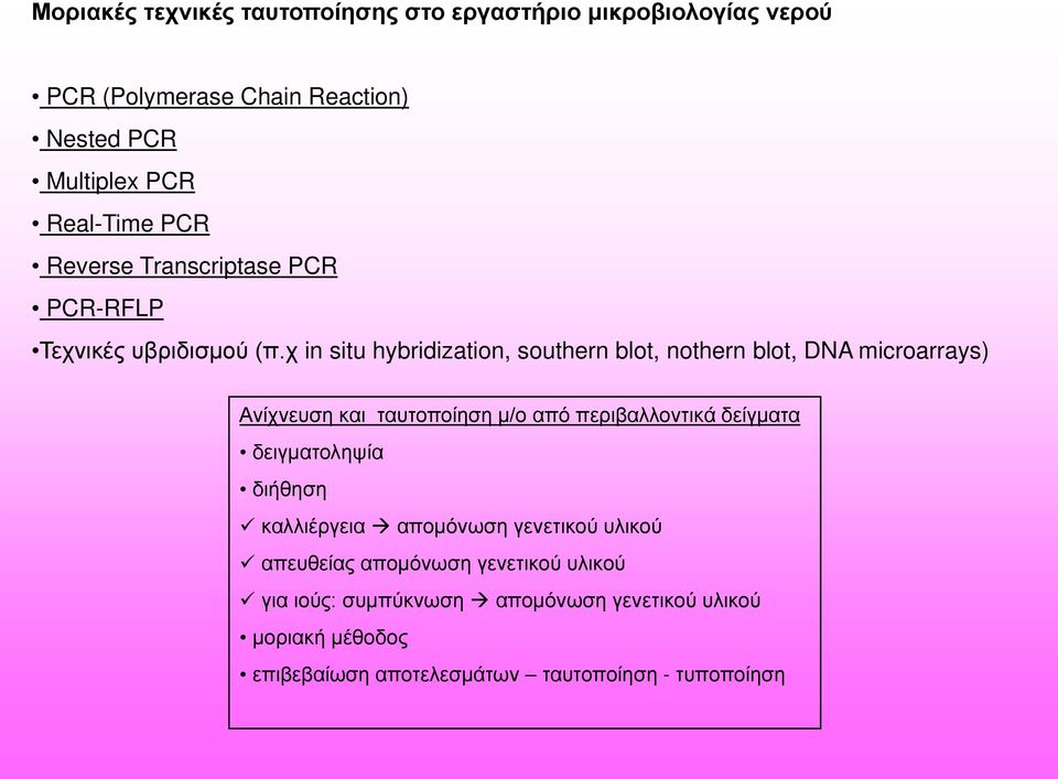 χ in situ hybridization, southern blot, nothern blot, DNA microarrays) Ανίχνευση και ταυτοποίηση μ/ο από περιβαλλοντικά δείγματα