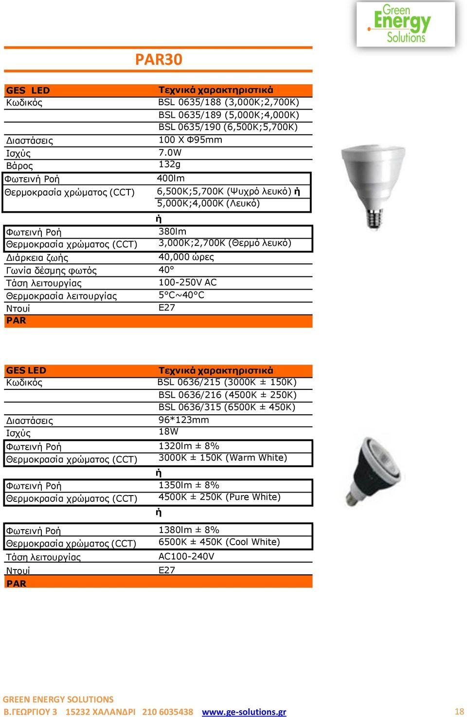 100-250V AC 5 C~40 C E27 PAR BSL 0636/215 (3000K ± 150K) BSL 0636/216 (4500K ± 250K) BSL 0636/315 (6500K ± 450K) 96*123mm 18W 1320lm ± 8%