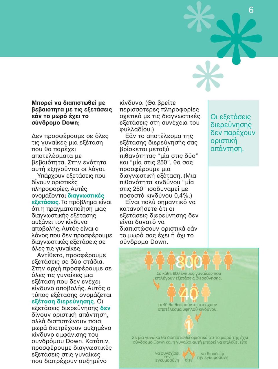 Το πρόβληµα είναι ότι η πραγµατοποίηση µιας διαγνωστικής εξέτασης αυξάνει τον κίνδυνο αποβολής. Αυτός είναι ο λόγος που δεν προσφέρουµε διαγνωστικές εξετάσεις σε όλες τις γυναίκες.
