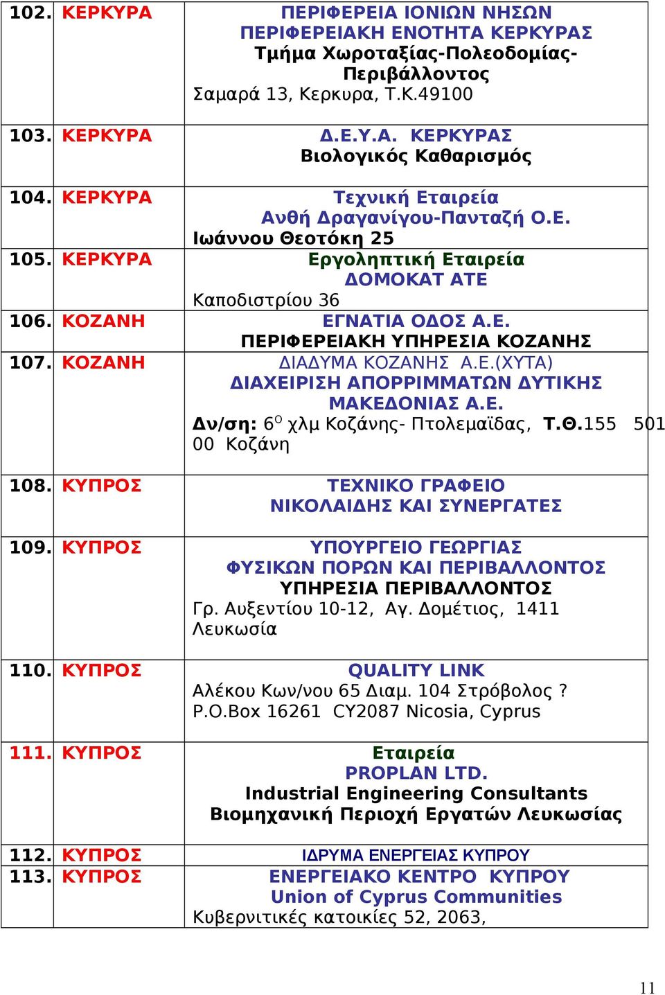 ΚΟΖΑΝΗ ΔΙΑΔΥΜΑ ΚΟΖΑΝΗΣ A.E.(ΧΥΤΑ) ΔΙΑΧΕΙΡΙΣΗ ΑΠΟΡΡΙΜΜΑΤΩΝ ΔΥΤΙΣ ΜΑΚΕΔΟΝΙΑΣ Α.Ε. Δν/ση: 6 Ο χλμ Κοζάνης- Πτολεμαϊδας, Τ.Θ.155 501 00 Κοζάνη 108. ΚΥΠΡΟΣ ΤΕΧΝΙΚΟ ΓΡΑΦΕΙΟ ΝΙΚΟΛΑΙΔΗΣ ΚΑΙ ΣΥΝΕΡΓΑΤΕΣ 109.