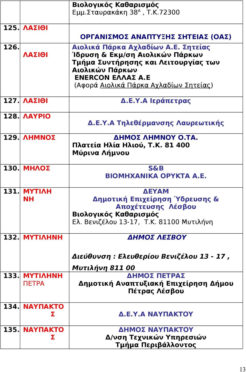 ΜΗΛΟΣ S&B ΒΙΟΜΗΧΑΝΙΚΑ ΟΡΥΚΤΑ Α.Ε. 131. ΜΥΤΙΛΗ ΝΗ ΔΕΥΑΜ Δημοτική Επιχείρηση Ύδρευσης & Αποχέτευσης Λέσβου Βιολογικός Καθαρισμός Ελ. Βενιζέλου 13-17, Τ.Κ. 81100 Μυτιλήνη 132. ΜΥΤΙΛΗΝΗ ΔΗΜΟΣ ΛΕΣΒΟΥ 133.