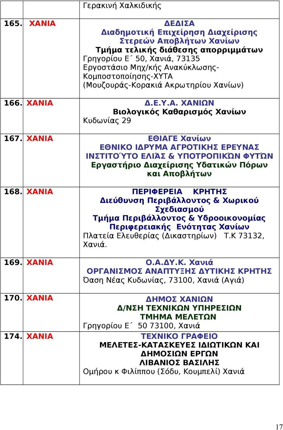 (Μουζουράς-Κορακιά Ακρωτηρίου Χανίων) 166. ΧΑΝΙΑ Δ.Ε.Υ.Α. ΧΑΝΙΩΝ Βιολογικός Καθαρισμός Χανίων Κυδωνίας 29 167.