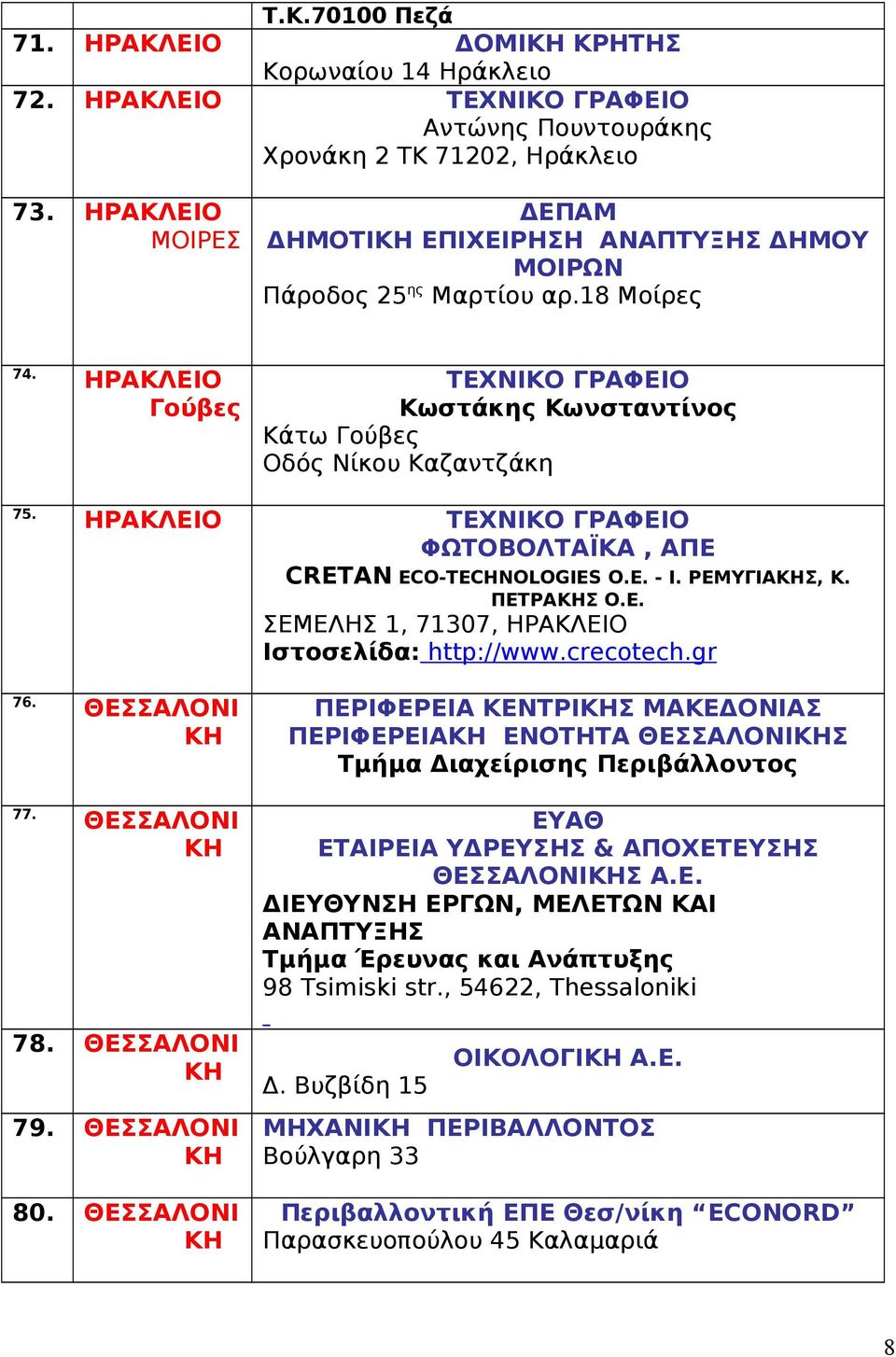 ΗΡΑΚΛΕΙΟ ΤΕΧΝΙΚΟ ΓΡΑΦΕΙΟ ΦΩΤΟΒΟΛΤΑΪΚΑ, ΑΠΕ CRETAN ECO-TECHNOLOGIES O.E. - Ι. ΡΕΜΥΓΙΑΣ, Κ. ΠΕΤΡΑΣ Ο.Ε. ΣΕΜΕΛΗΣ 1, 71307, ΗΡΑΚΛΕΙΟ Ιστοσελίδα: http://www.crecotech.gr 76. ΘΕΣΣΑΛΟΝΙ 77. ΘΕΣΣΑΛΟΝΙ 78.