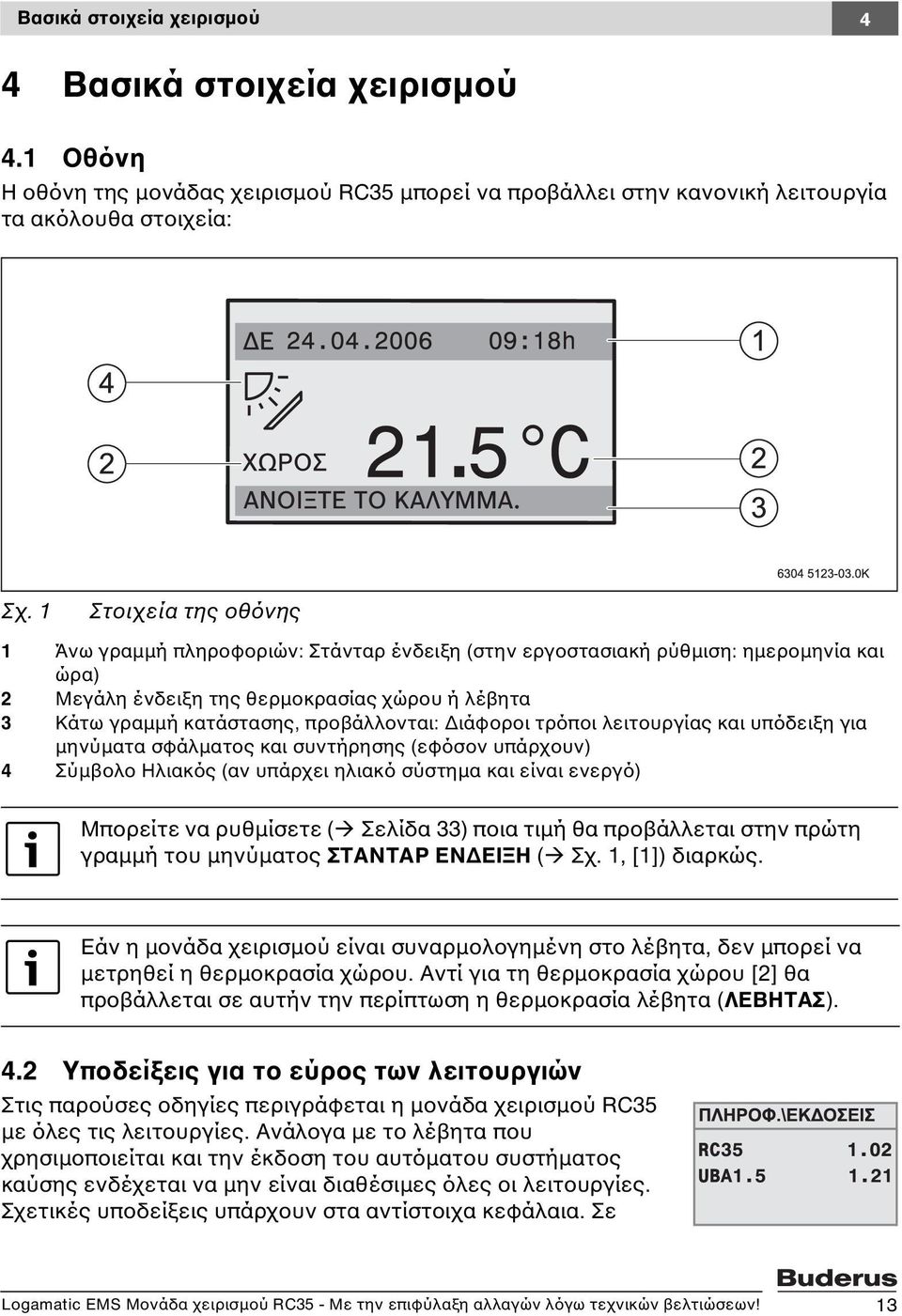 προβάλλονται: Διάφοροι τρόποι λειτουργίας και υπόδειξη για μηνύματα σφάλματος και συντήρησης (εφόσον υπάρχουν) 4 Σύμβολο Ηλιακός (αν υπάρχει ηλιακό σύστημα και είναι ενεργό) Μπορείτε να ρυθμίσετε (