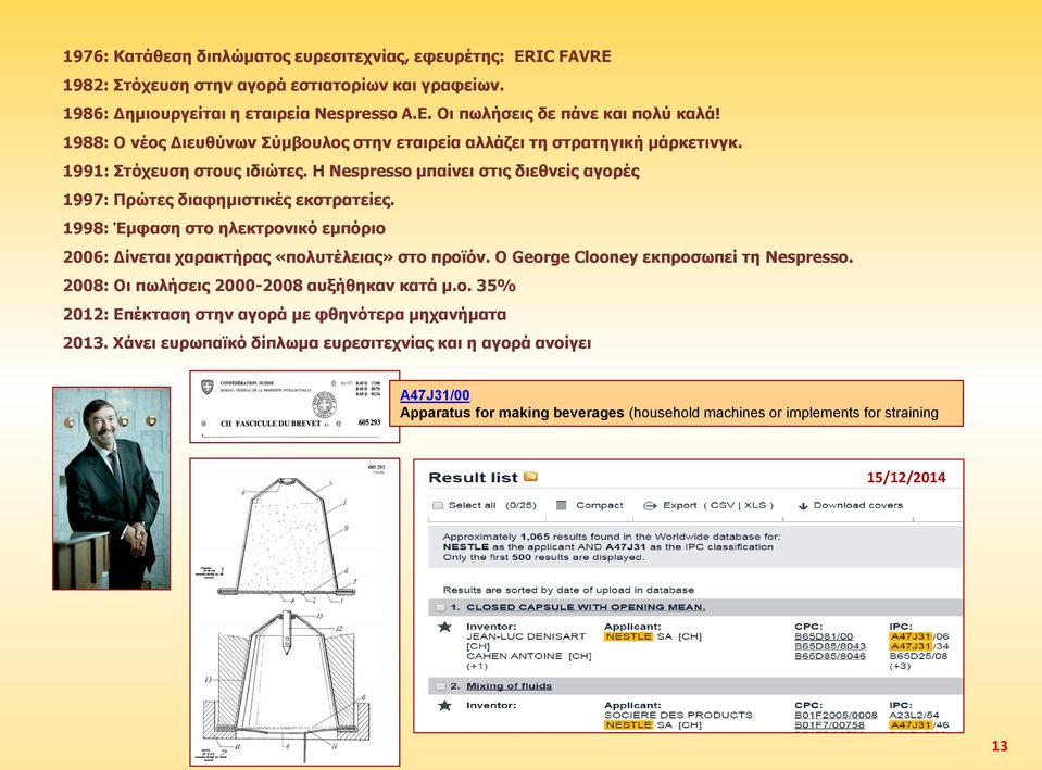 1998: Έμφαση στο ηλεκτρονικό εμπόριο 2006: Δίνεται χαρακτήρας «πολυτέλειας» στο προϊόν. Ο George Clooney εκπροσωπεί τη Nespresso. 2008: Οι πωλήσεις 2000-2008 αυξήθηκαν κατά μ.ο. 35% 2012: Επέκταση στην αγορά με φθηνότερα μηχανήματα 2013.