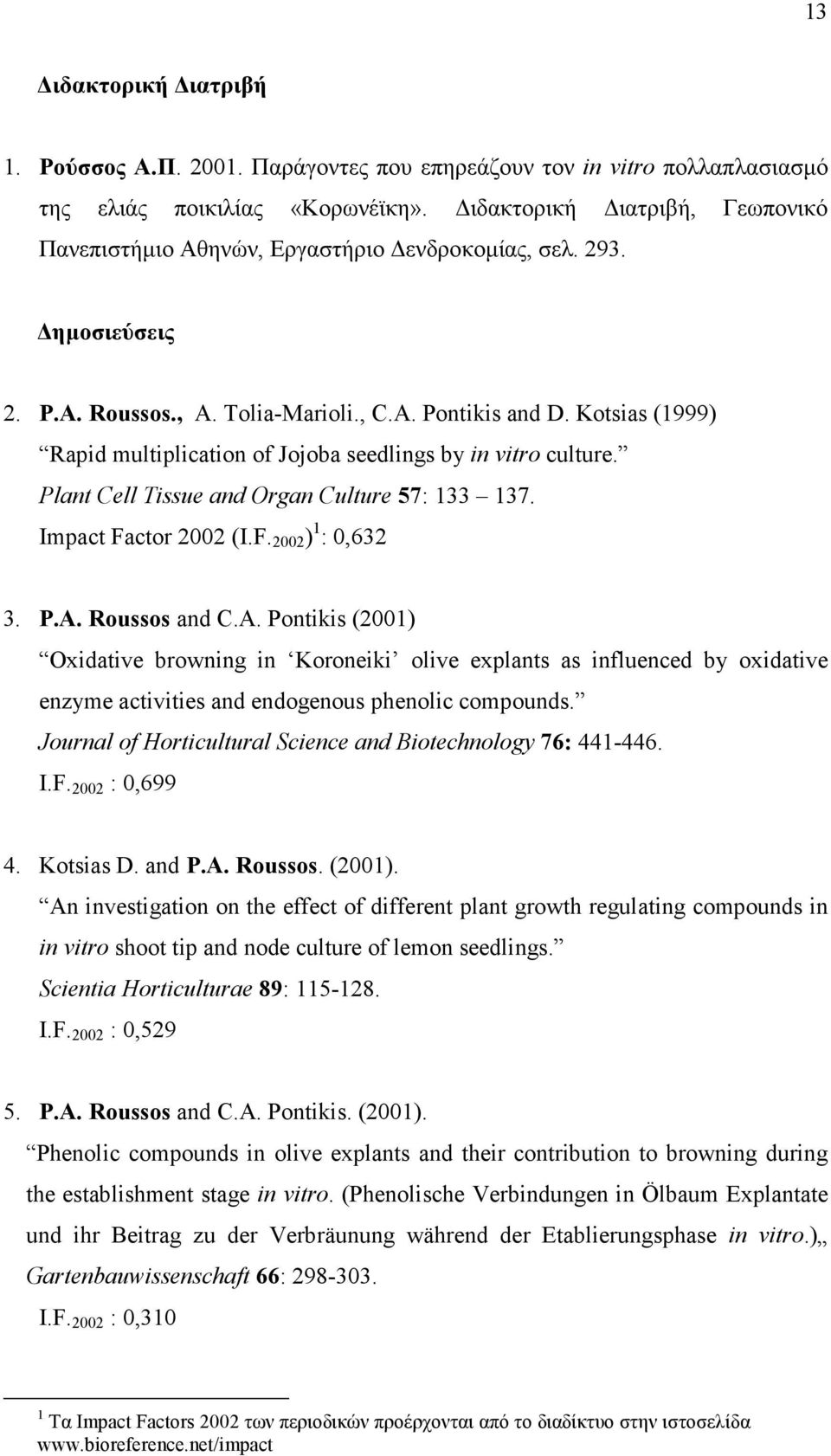 Kotsias (1999) Rapid multiplication of Jojoba seedlings by in vitro culture. Plant Cell Tissue and Organ Culture 57: 133 137. Impact Factor 2002 (I.F. 2002 ) 1 : 0,632 3. P.A.