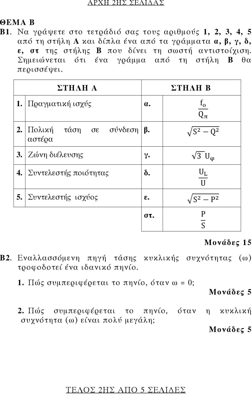 Σημειώνεται ότι ένα γράμμα από τη στήλη Β θα περισσέψει. ΣΤΗΛΗ Α ΣΤΗΛΗ Β 1. Πραγματική ισχύς α. f Q 2. Πολική τάση σε σύνδεση αστέρα β. S Q 3. Ζώνη διέλευσης γ. 3 U 4.