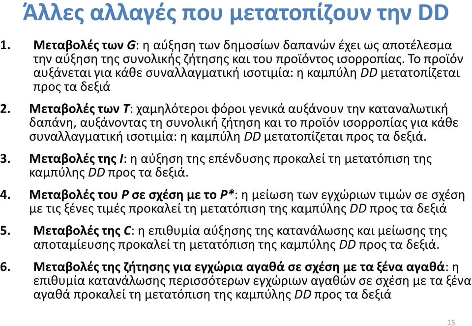 Μεταβολές των T: χαμηλότεροι φόροι γενικά αυξάνουν την καταναλωτική δαπάνη, αυξάνοντας τη συνολική ζήτηση και το προϊόν ισορροπίας για κάθε συναλλαγματική ισοτιμία: η καμπύλη DD μετατοπίζεται προς τα