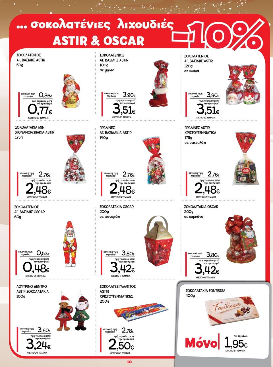 ΒΑΣΙΛΑΚΙΑ ASTIR 140g τεμαχίου 3,90 3,51 ΚΙΒΩΤΙΟ 12 ΤΕΜΑΧΙΑ ΠΡΑΛΙΝΕΣ ASTIR ΧΡΙΣΤΟΥΓΕΝΝΙΑΤΙΚΑ 175g σε σακουλάκι τεμαχίου 2,76 2,48 ΚΙΒΩΤΙΟ 36 ΤΕΜΑΧΙΑ ΣΟΚΟΛΑΤΕΝΙΟΣ ΑΓ.