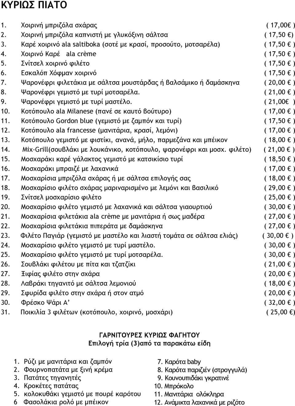 Ψαρονέφρι γεμιστό με τυρί μοτσαρέλα. ( 21,00 ) 9. Ψαρονέφρι γεμιστό με τυρί μαστέλο. ( 21,00 ) 10. Kοτόπουλο ala Milanese (πανέ σε καυτό βούτυρο) ( 17,00 ) 11.