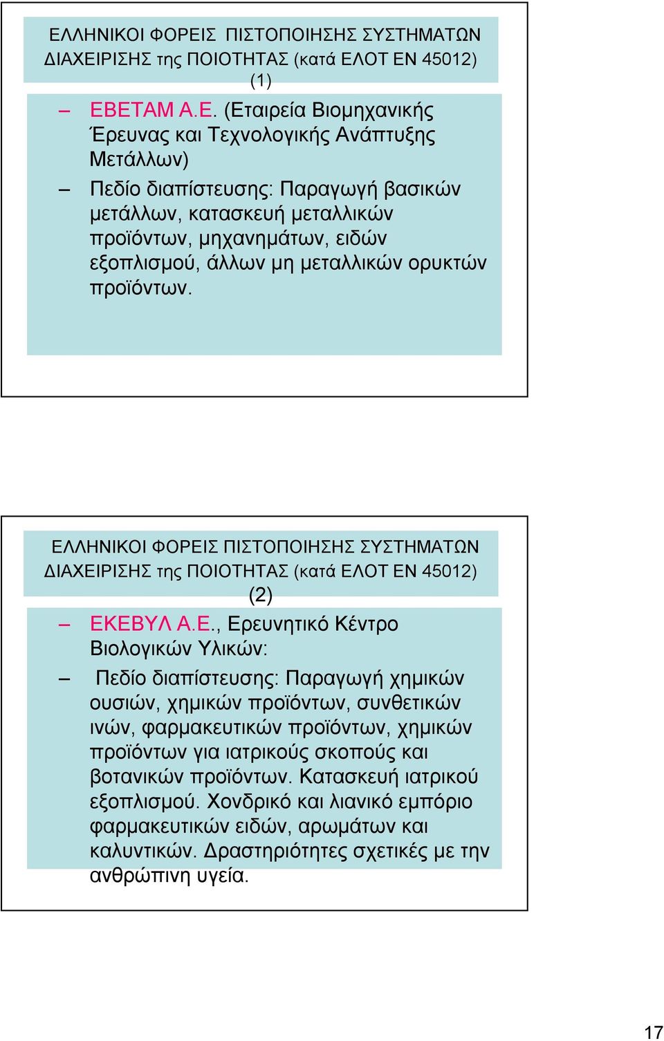 ΕΛΛΗΝΙΚΟΙ ΦΟΡΕΙΣ ΠΙΣΤΟΠΟΙΗΣΗΣ ΣΥΣΤΗΜΑΤΩΝ ΔΙΑΧΕΙΡΙΣΗΣ της ΠΟΙΟΤΗΤΑΣ (κατά ΕΛΟΤ ΕΝ 45012) (2) ΕΚΕΒΥΛ Α.Ε., Ερευνητικό Κέντρο Βιολογικών Υλικών: Πεδίο διαπίστευσης: Παραγωγή χημικών ουσιών, χημικών