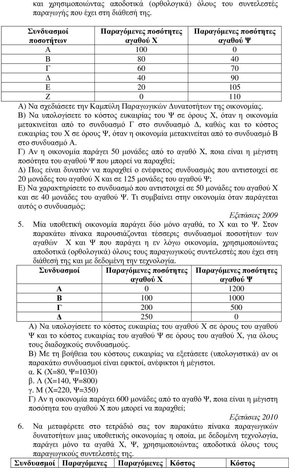 Β) Να υπολογίσετε το κόστος ευκαιρίας του Ψ σε όρους Χ, όταν η οικονοµία µετακινείται από το συνδυασµό Γ στο συνδυασµό, καθώς και το κόστος ευκαιρίας του Χ σε όρους Ψ, όταν η οικονοµία µετακινείται