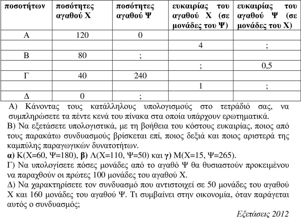 Β) Να εξετάσετε υπολογιστικά, µε τη βοήθεια του κόστους ευκαιρίας, ποιος από τους παρακάτω συνδυασµούς βρίσκεται επί, ποιος δεξιά και ποιος αριστερά της καµπύλης παραγωγικών δυνατοτήτων.