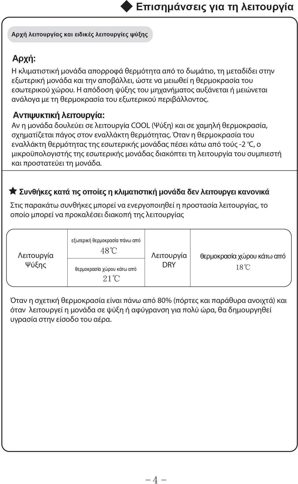 Αντιψυκτική λειτουργία: Αν η μονάδα δουλεύει σε λειτουργία COOL (Ψύξη) και σε χαμηλή θερμοκρασία, σχηματίζεται πάγος στον εναλλάκτη θερμότητας.