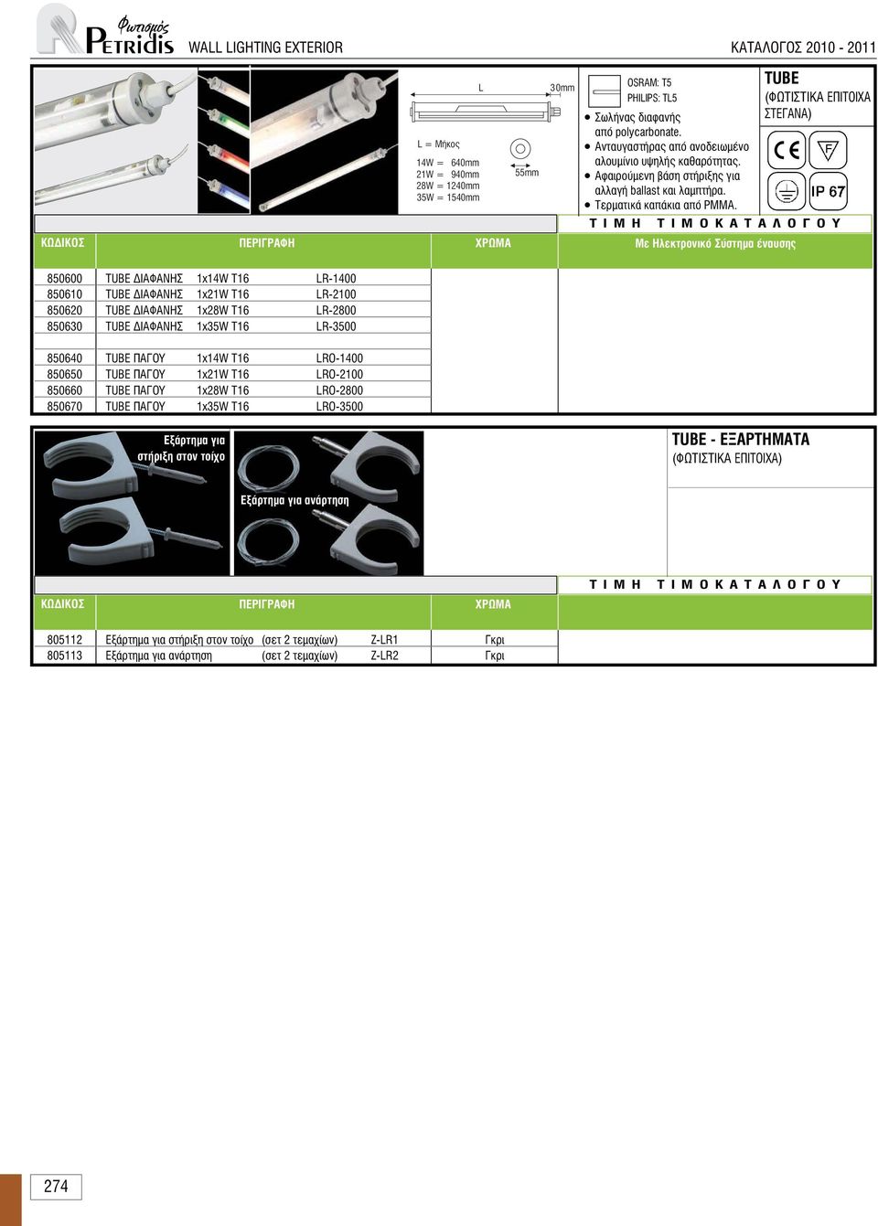 TUBE (ΦΩΤΙΣΤΙΚΑ ΕΠΙΤΟΙΧΑ ΣΤΕΓΑΝΑ) 850600 850610 850620 850630 850640 850650 850660 850670 TUBE ΙΑΦΑΝΗΣ 1x14W T16 LR-1400 TUBE ΙΑΦΑΝΗΣ 1x21W T16 LR-2100 TUBE ΙΑΦΑΝΗΣ 1x28W T16 LR-2800 TUBE ΙΑΦΑΝΗΣ
