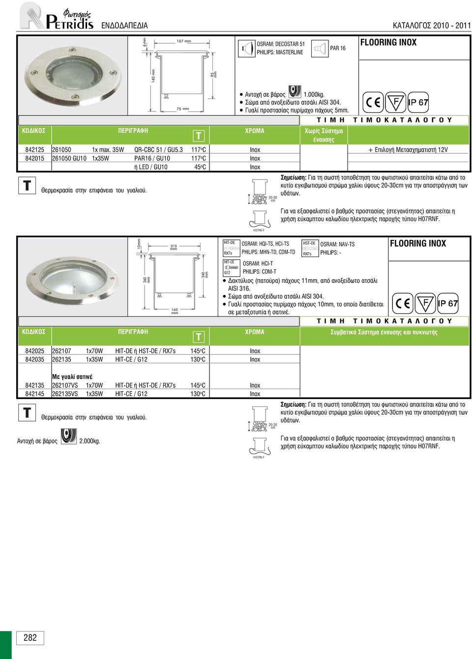 262107 1x70W ή HST-DE / RX7s 145 o C 262135 1x35W HIT-CE / G12 130 o C mm mm mm mm T mm RX7s HIT-CE Αντοχή σε βάρος 1.000kg. Σώµα από ανοξείδωτο ατσάλι AISI 304. Γυαλί προστασίας πυρίµαχο πάχους 5mm.