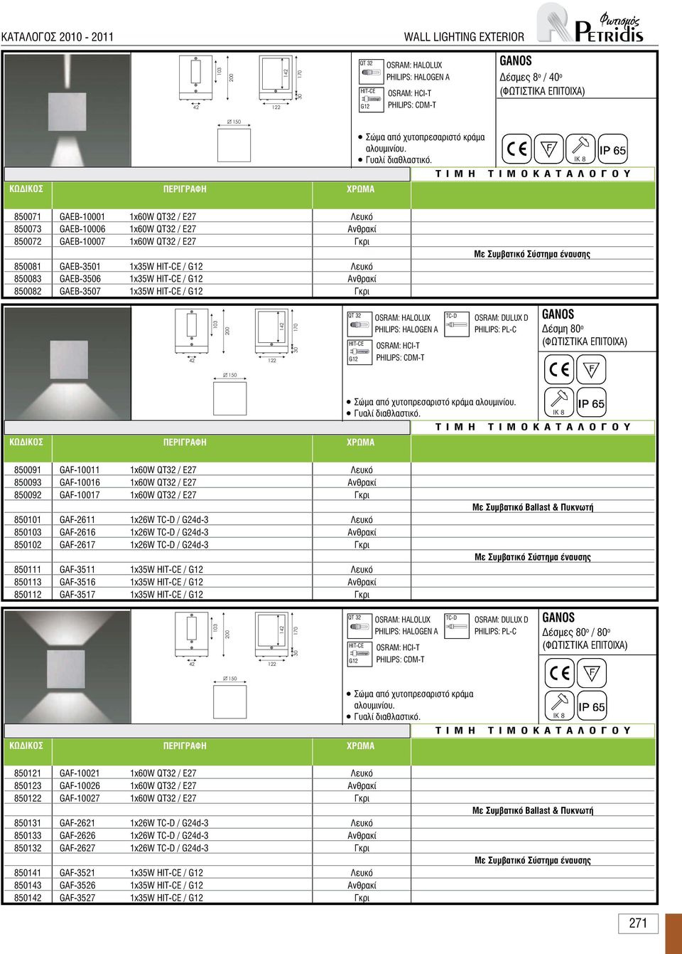 IK 8 850071 850073 850072 850081 850083 850082 GAEB-10001 GAEB-10006 GAEB-10007 GAEB-3501 GAEB-3506 GAEB-3507 1x60W QT32 / E27 1x60W QT32 / E27 1x60W QT32 / E27 1x35W HIT-CE / G12 1x35W HIT-CE / G12