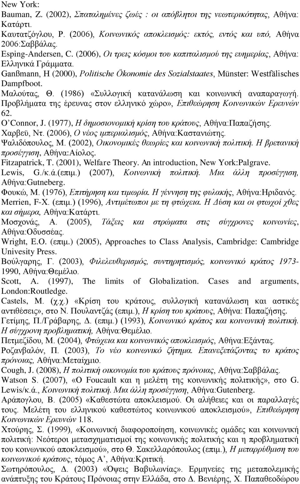 Μαλούτας, Θ. (1986) «Συλλογική κατανάλωση και κοινωνική αναπαραγωγή. Προβλήματα της έρευνας στον ελληνικό χώρο», Επιθεώρηση Κοινωνικών Ερευνών 62. O Connor, J.