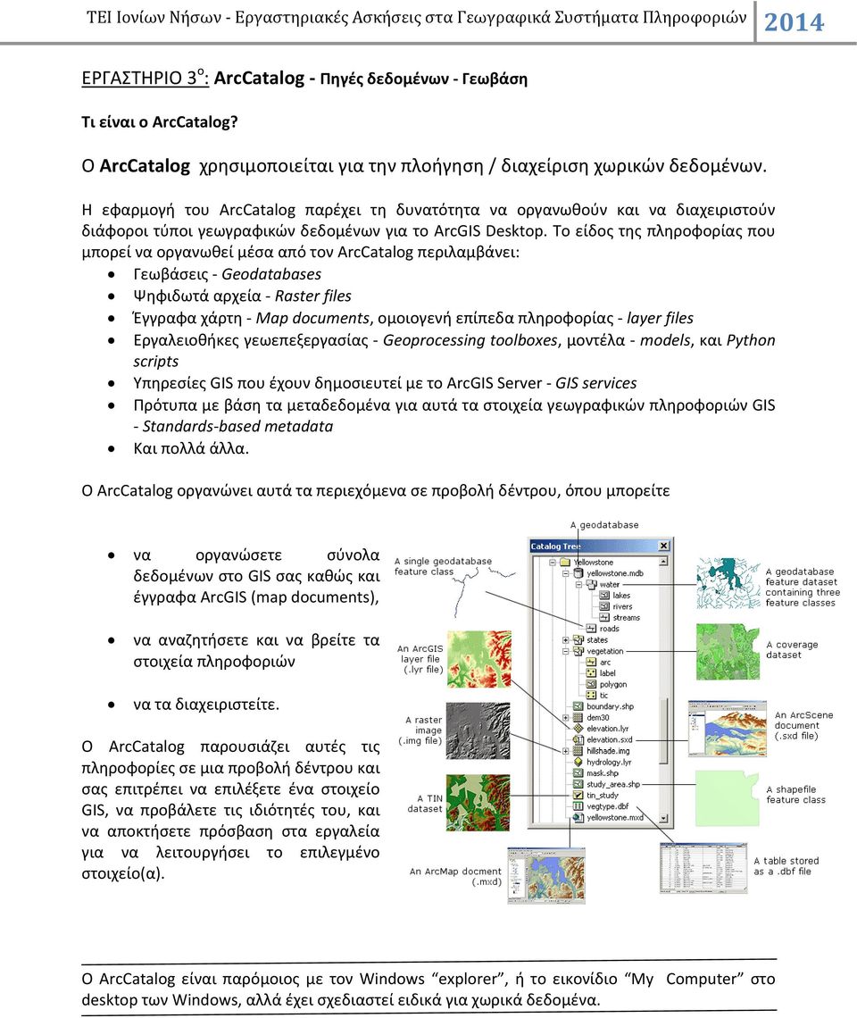 Το είδος της πληροφορίας που μπορεί να οργανωθεί μέσα από τον ArcCatalog περιλαμβάνει: Γεωβάσεις Geodatabases Ψηφιδωτά αρχεία Raster files Έγγραφα χάρτη Map documents, ομοιογενή επίπεδα πληροφορίας
