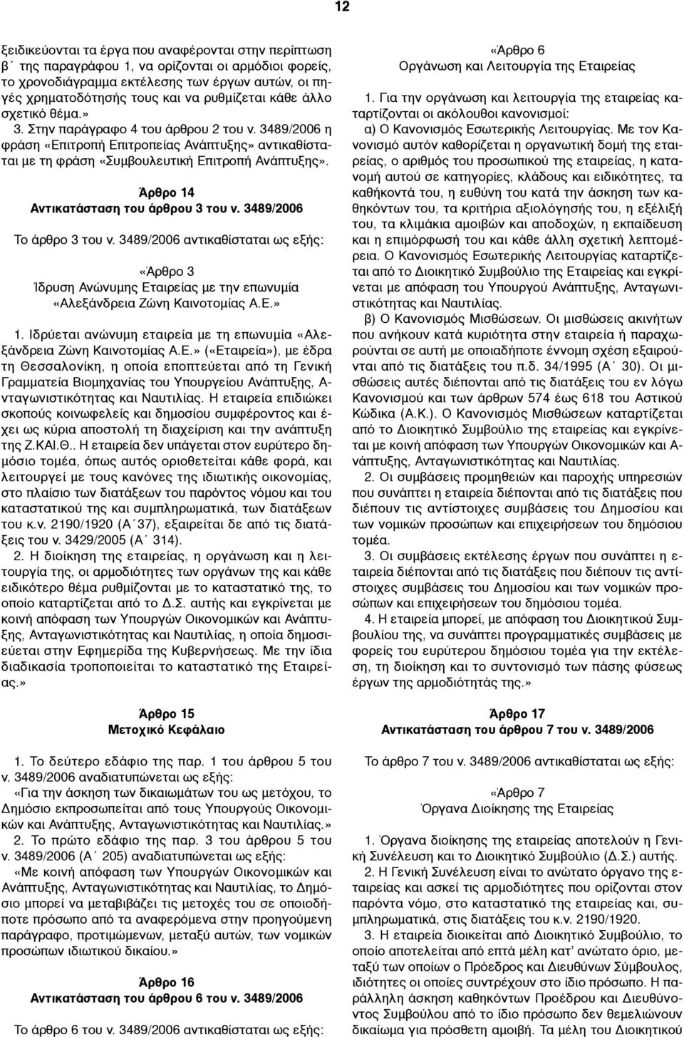 Άρθρο 14 Αντικατάσταση του άρθρου 3 του ν. 3489/2006 Το άρθρο 3 του ν. 3489/2006 αντικαθίσταται ως εξής: «Άρθρο 3 Ίδρυση Ανώνυµης Εταιρείας µε την επωνυµία «Αλεξάνδρεια Ζώνη Καινοτοµίας Α.Ε.» 1.
