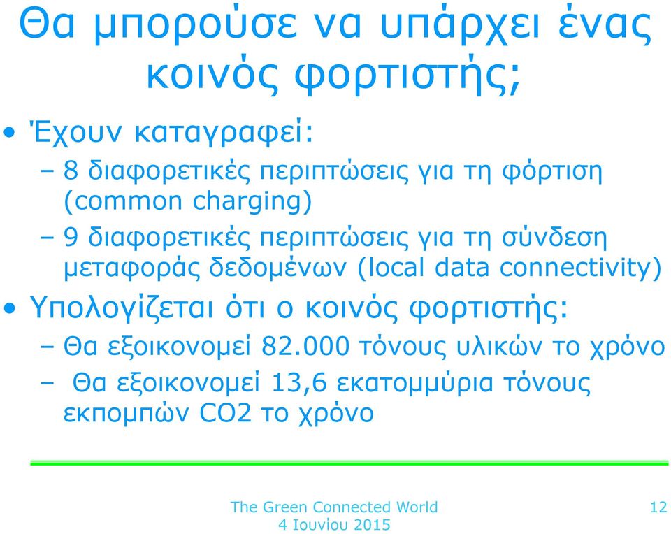 μεταφοράς δεδομένων (local data connectivity) Υπολογίζεται ότι ο κοινός φορτιστής: Θα