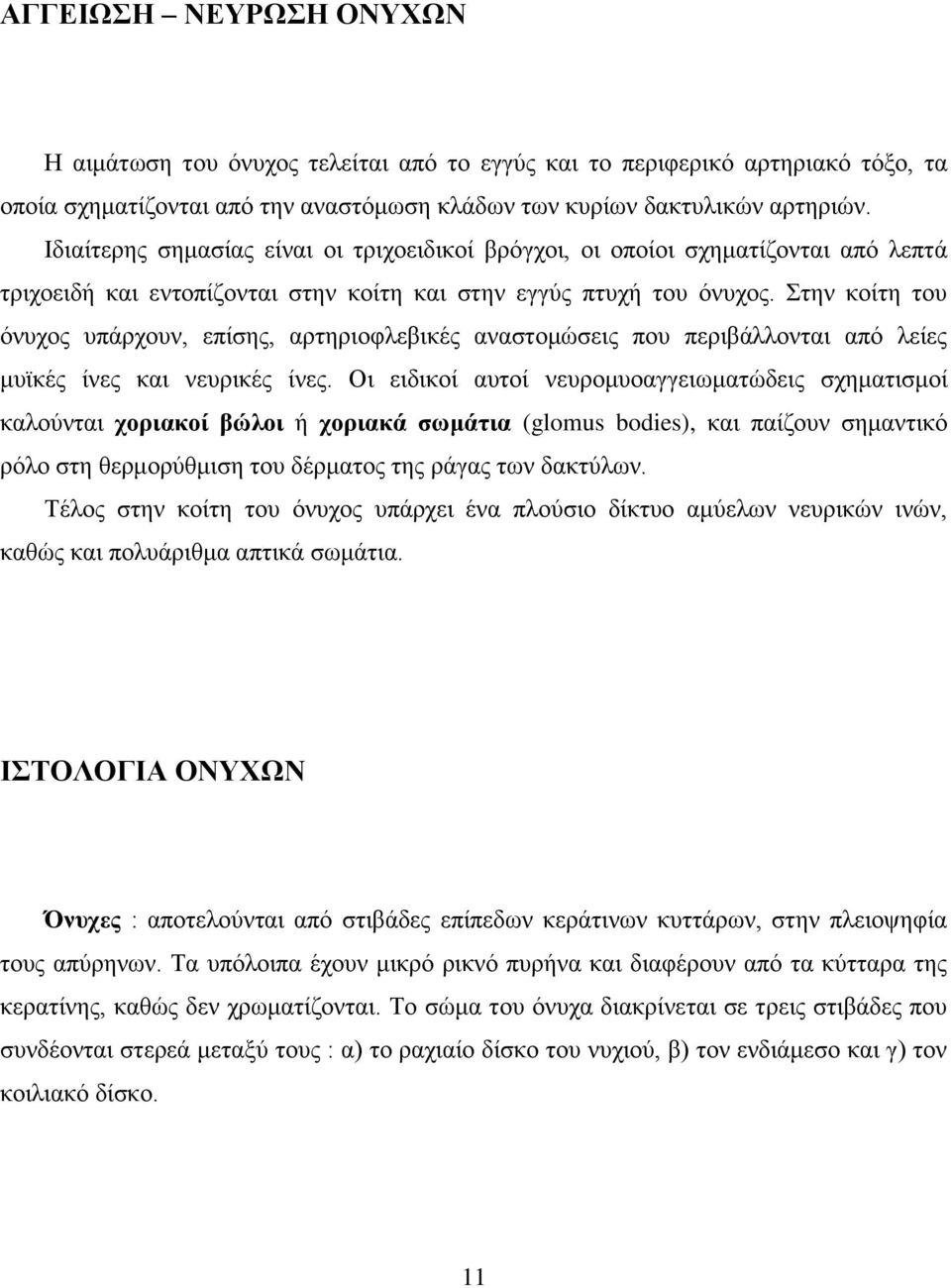 Στην κοίτη του όνυχος υπάρχουν, επίσης, αρτηριοφλεβικές αναστομώσεις που περιβάλλονται από λείες μυϊκές ίνες και νευρικές ίνες.