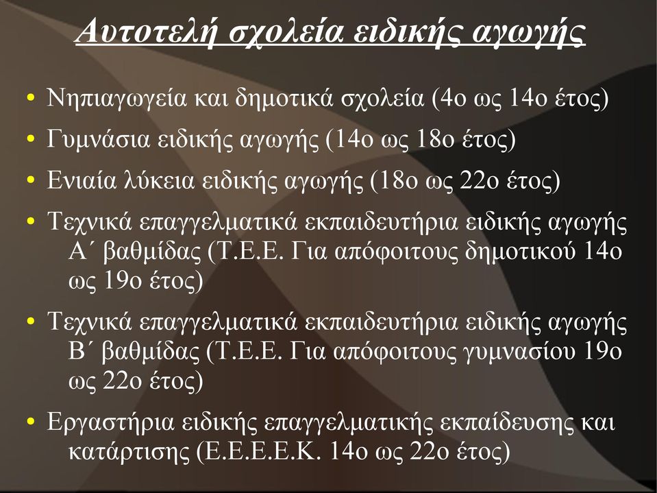 Ε.Ε. Για απόφοιτους γυμνασίου 19ο ως 22ο έτος) Εργαστήρια ειδικής επαγγελματικής εκπαίδευσης και κατάρτισης (Ε.Ε.Ε.Ε.Κ.