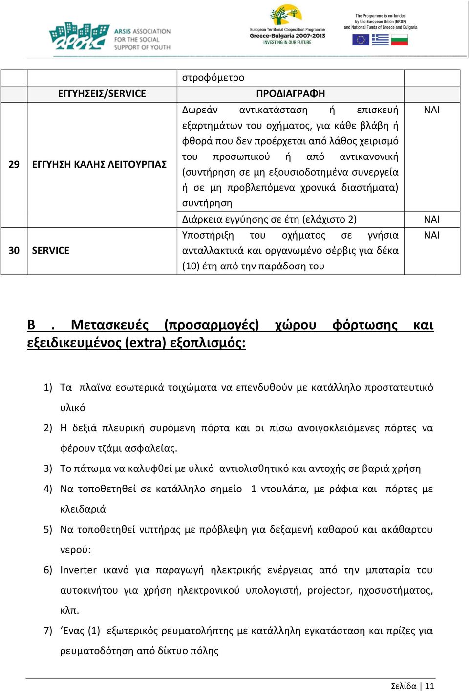 σε γνήσια ανταλλακτικά και οργανωμένο σέρβις για δέκα (10) έτη από την παράδοση του Β.