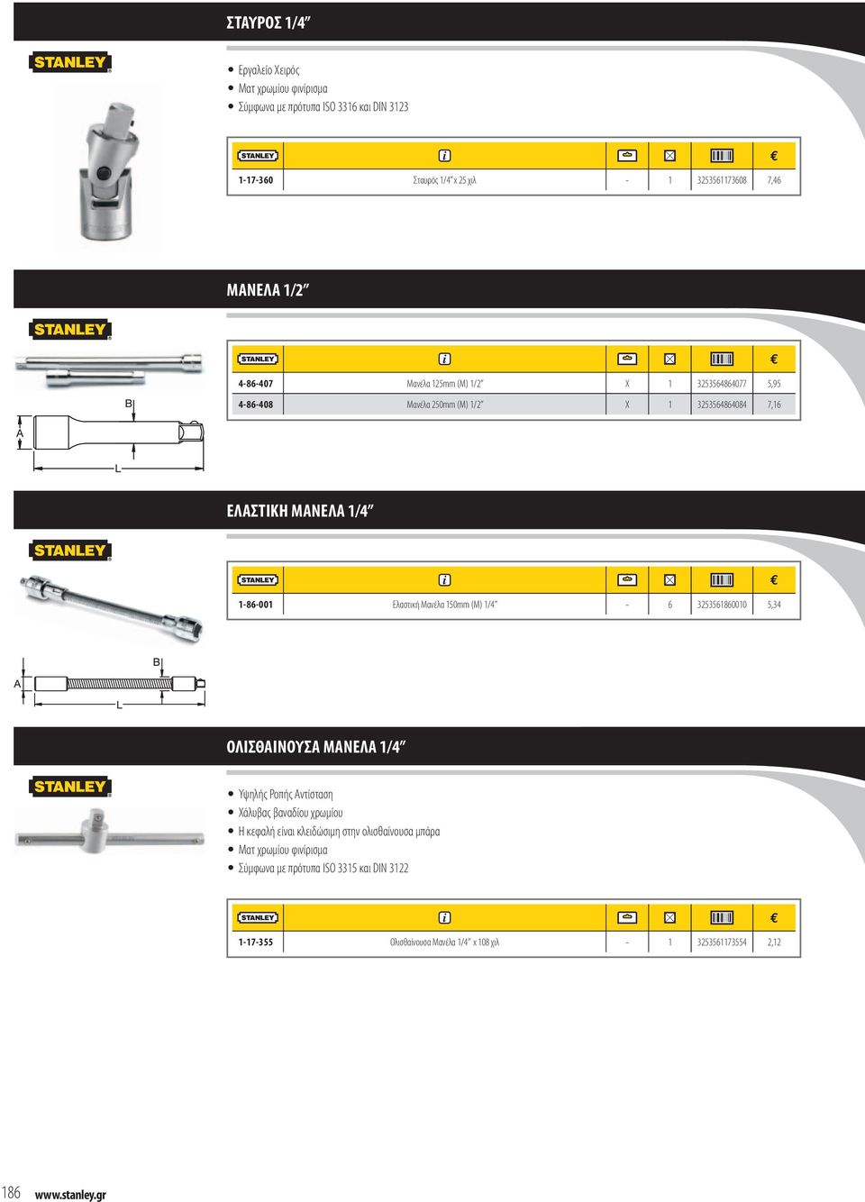 Mανέλα 150mm (M) 1/4-6 3253561860010 5,34 ΟΛΙΣΘΑΙΝΟΥΣΑ ΜΑΝΕΛΑ 1/4 Υψηλής Ροπής Αντίσταση Χάλυβας βαναδίου χρωμίου Η κεφαλή είναι κλειδώσιμη στην