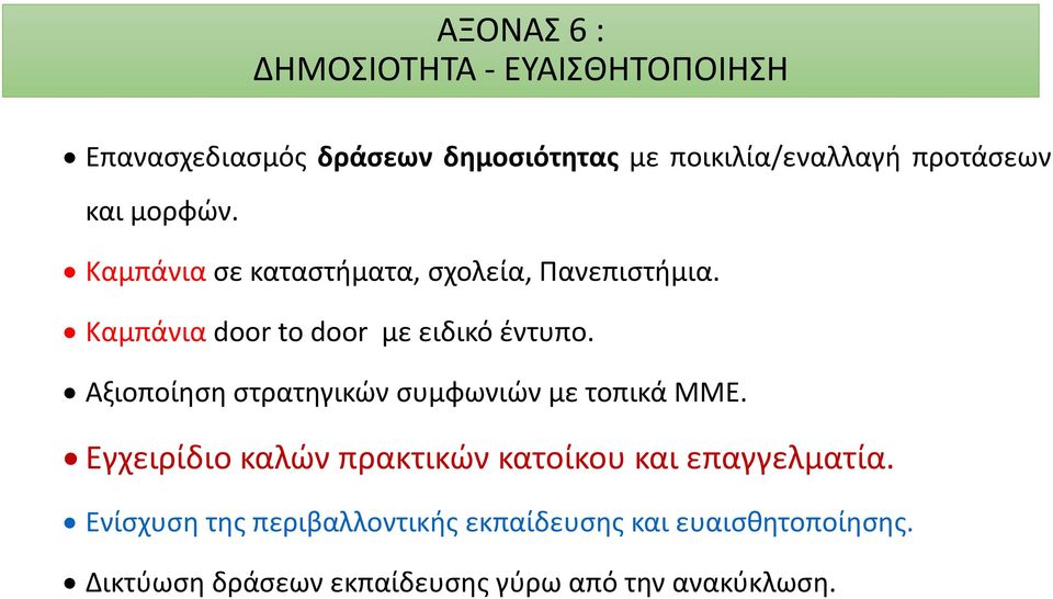 Καμπάνια door to door με ειδικό έντυπο. Αξιοποίηση στρατηγικών συμφωνιών με τοπικά ΜΜΕ.