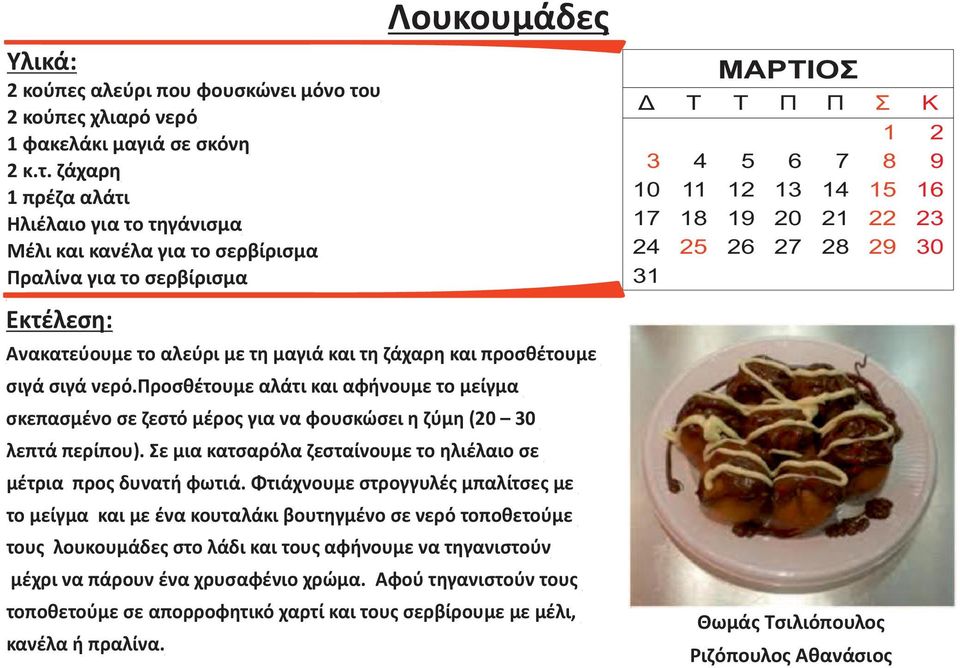 ζάχαρη 1 πρέζα αλάτι Ηλιέλαιο για το τηγάνισμα Μέλι και κανέλα για το σερβίρισμα Πραλίνα για το σερβίρισμα Εκτέλεση: Ανακατεύουμε το αλεύρι με τη μαγιά και τη ζάχαρη και προσθέτουμε σιγά σιγά νερό.