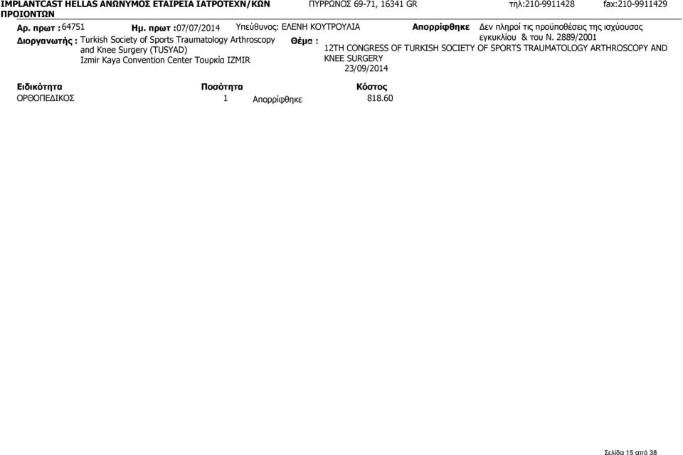 πρωτ :07/07/2014 Υπεύθυνος: ΕΛΕΝΗ ΚΟΥΤΡΟΥΛΙΑ Διοργανωτής : Turkish Society of Sports Traumatology Arthroscopy and