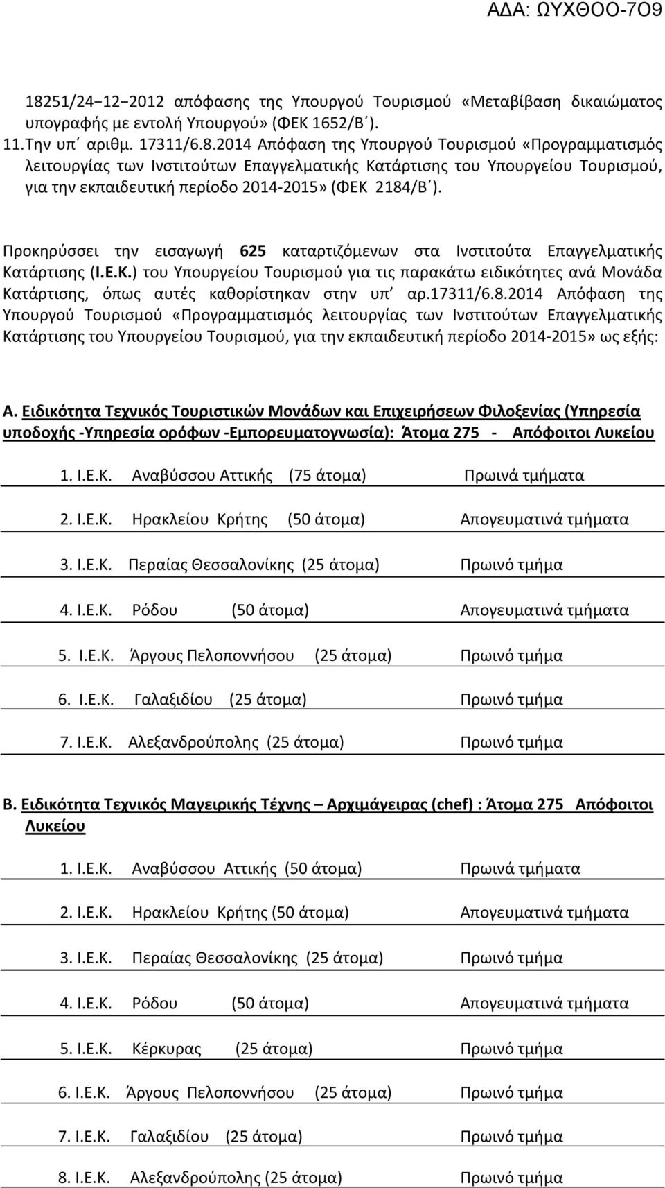 17311/6.8.2014 Απόφαση της Υπουργού Τουρισμού «Προγραμματισμός λειτουργίας των Ινστιτούτων Επαγγελματικής Κατάρτισης του Υπουργείου Τουρισμού, για την εκπαιδευτική περίοδο 2014-2015» ως εξής: Α.