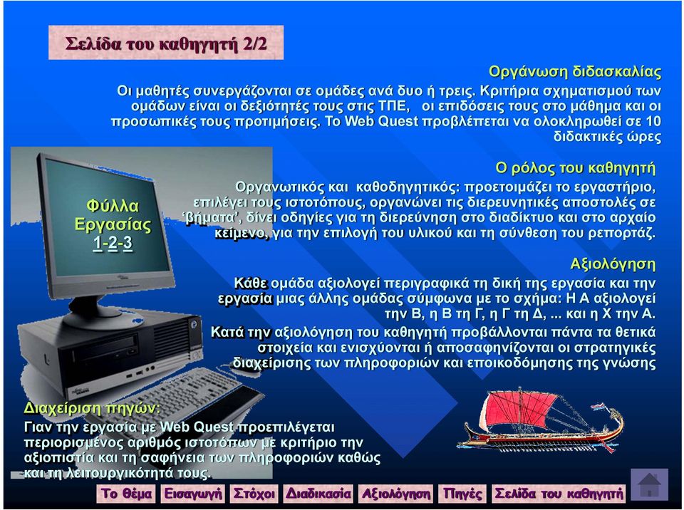 Το Web Quest προβλέπεται να ολοκληρωθεί σε 10 διδακτικές ώρες Φύλλα Εργασίας 1-2-3 Ο ρόλος του καθηγητή Οργανωτικός και καθοδηγητικός: προετοιμάζει το εργαστήριο, επιλέγει τους ιστοτόπους, οργανώνει