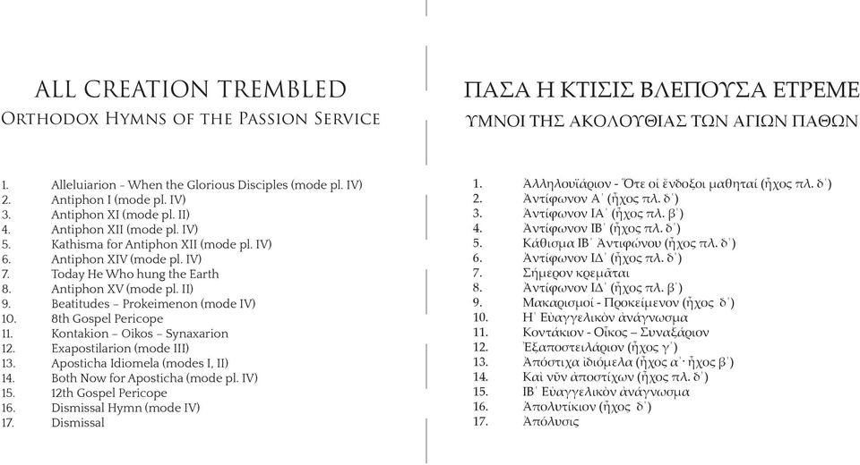 Antiphon XV (mode pl. II) 9. Beatitudes Prokeimenon (mode IV) 10. 8th Gospel Pericope 11. Kontakion Oikos Synaxarion 12. Exapostilarion (mode III) 13. Aposticha Idiomela (modes I, II) 14.