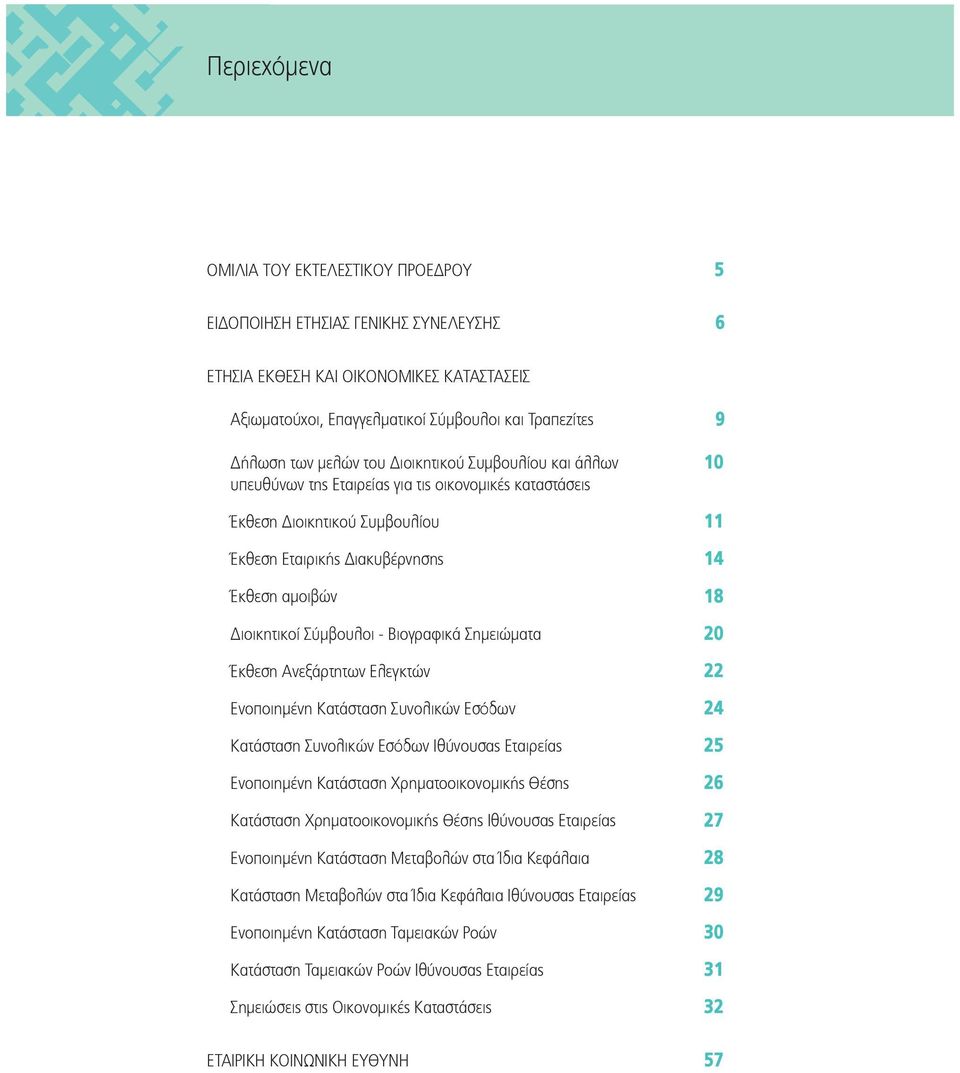 Σημειώματα Έκθεση Ανεξάρτητων Ελεγκτών Ενοποιημένη Κατάσταση Συνολικών Εσόδων Κατάσταση Συνολικών Εσόδων Ιθύνουσας Εταιρείας Ενοποιημένη Κατάσταση Χρηματοοικονομικής Θέσης Κατάσταση