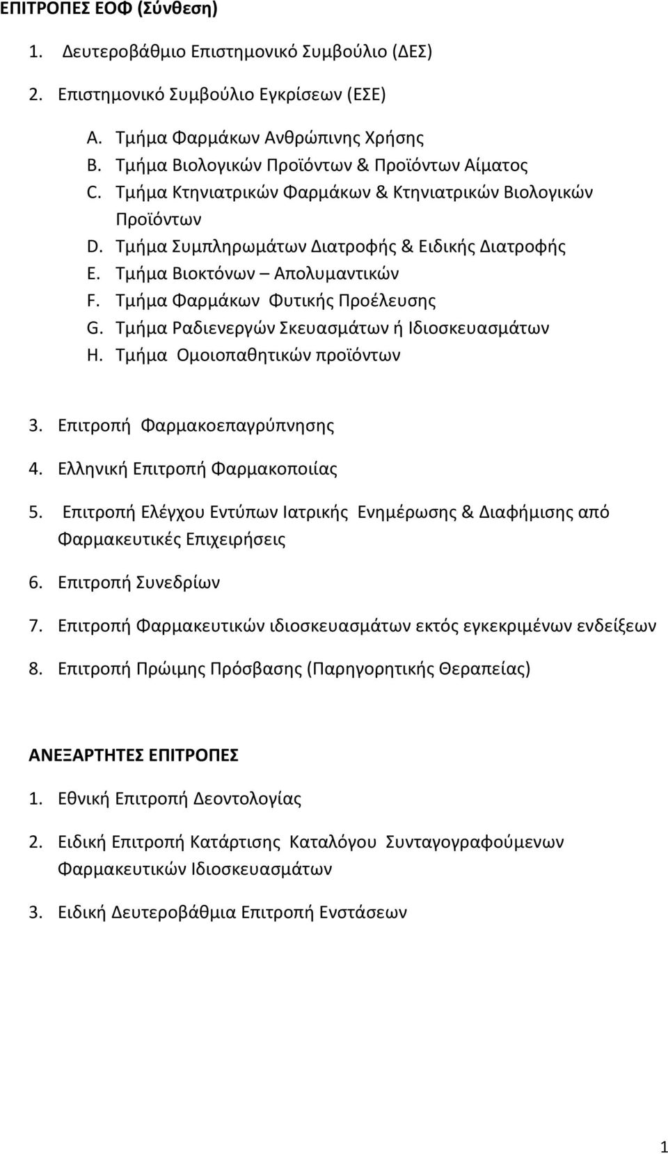 Τμήμα Ραδιενεργών Σκευασμάτων ή Ιδιοσκευασμάτων H. Τμήμα Ομοιοπαθητικών προϊόντων 3. Επιτροπή Φαρμακοεπαγρύπνησης 4. Ελληνική Επιτροπή Φαρμακοποιίας 5.