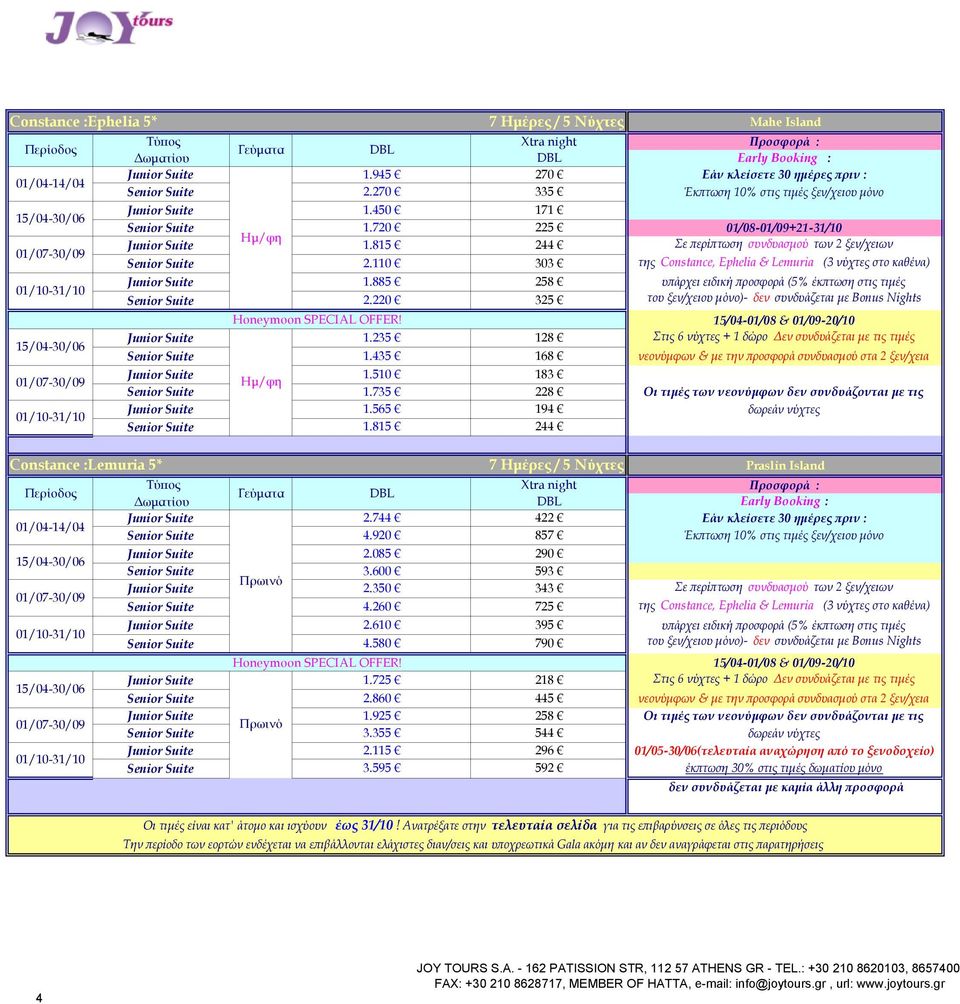 885 258 υπάρχει ειδική προσφορά (5% έκπτωση στις τιμές 2.220 Honeymoon SPECIAL OFFER! 325 του ξεν/χειου μόνο)- δεν συνδυάζεται με Bonus Nights 15/04-01/08 & 01/09-20/10 1.