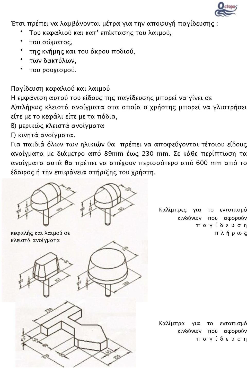 μερικώς κλειστά ανοίγματα Γ) κινητά ανοίγματα. Για παιδιά όλων των ηλικιών θα πρέπει να αποφεύγονται τέτοιου είδους ανοίγματα με διάμετρο από 89mm έως 230 mm.