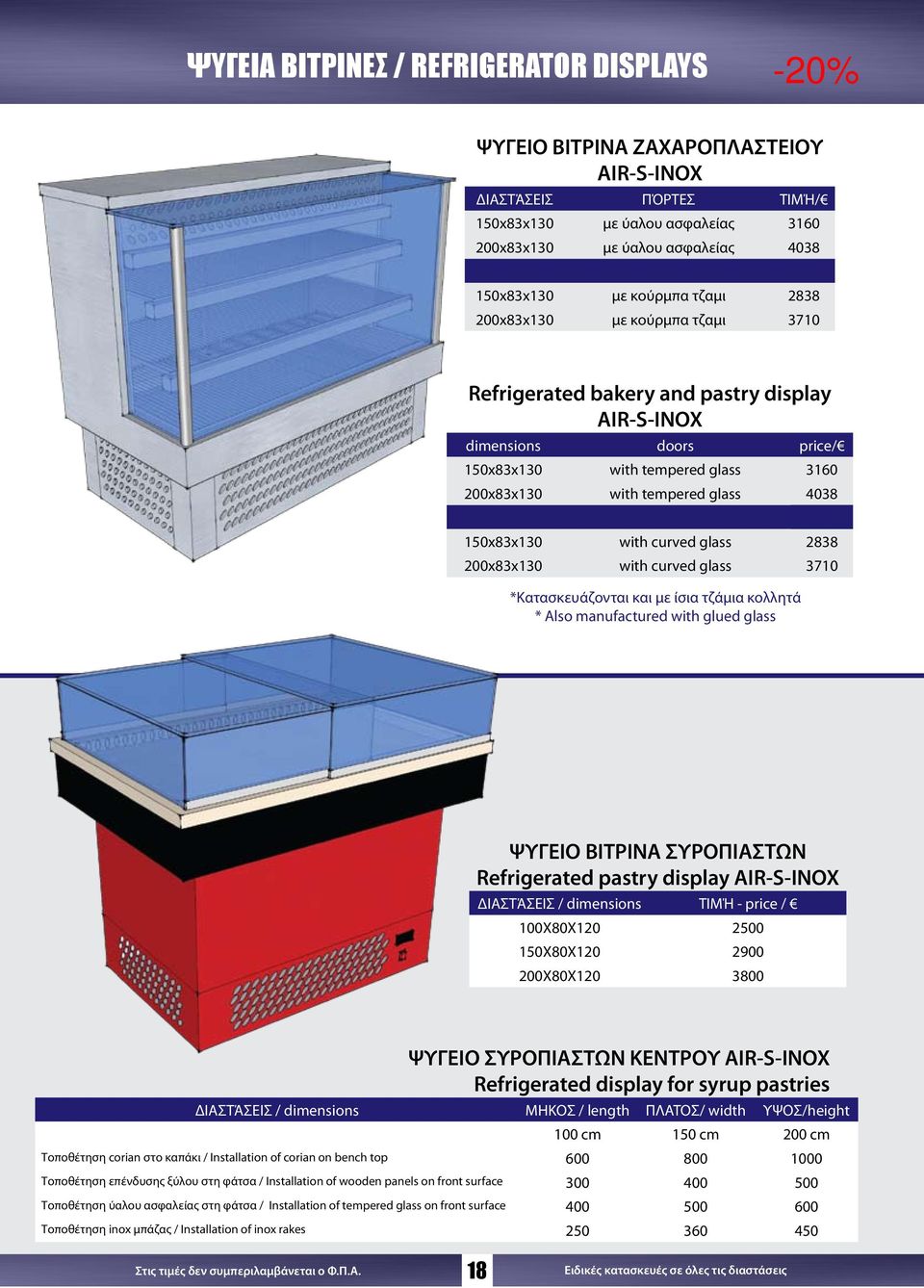 200x83x130 with curved glass 3710 *Κατασκευάζονται και με ίσια τζάμια κολλητά * Also manufactured with glued glass ΨΥΓΕΙΟ ΒΙΤΡΙΝΑ ΣΥΡΟΠΙΑΣΤΩΝ Refrigerated pastry display AIR-S-INOX / ΤΙΜΉ - price /