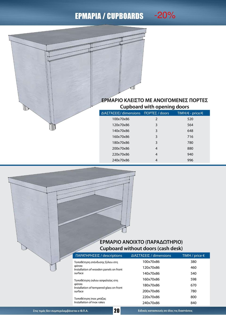 / price Τοποθέτηση επένδυσης ξύλου στη 100x70x86 380 φάτσα Installation of wooden panels on front 120x70x86 460 surface 140x70x86 540 Τοποθέτηση ύαλου ασφαλείας στη