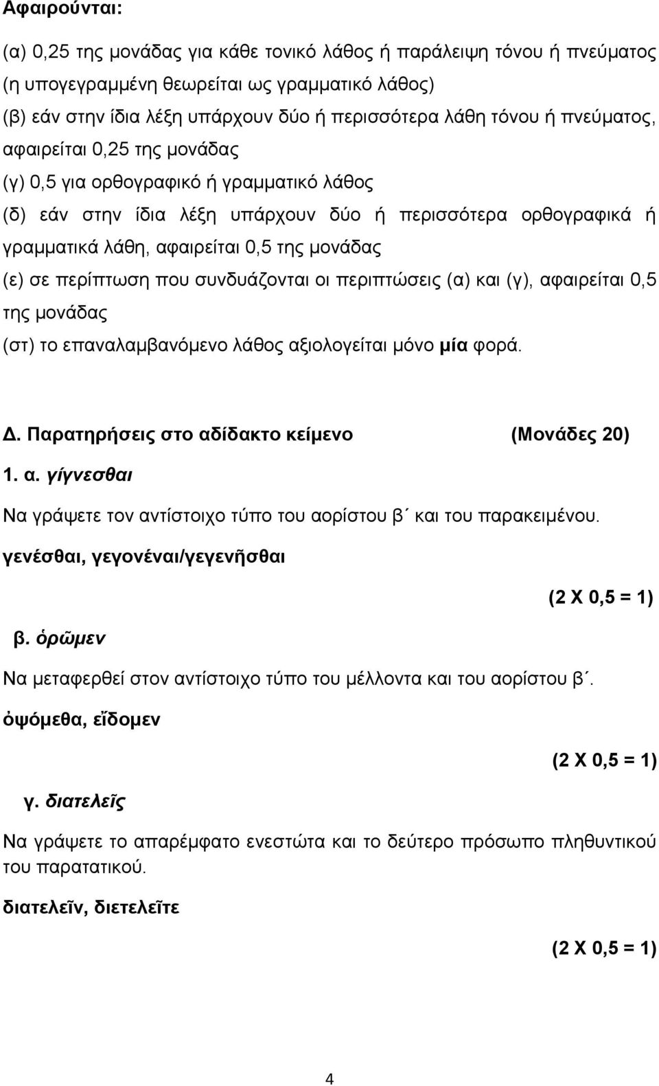 περίπτωση που συνδυάζονται οι περιπτώσεις (α) και (γ), αφαιρείται 0,5 της μονάδας (στ) το επαναλαμβανόμενο λάθος αξιολογείται μόνο μία φορά. Δ. Παρατηρήσεις στο αδίδακτο κείμενο (Μονάδες 20) 1. α. γίγνεσθαι Να γράψετε τον αντίστοιχο τύπο του αορίστου β και του παρακειμένου.