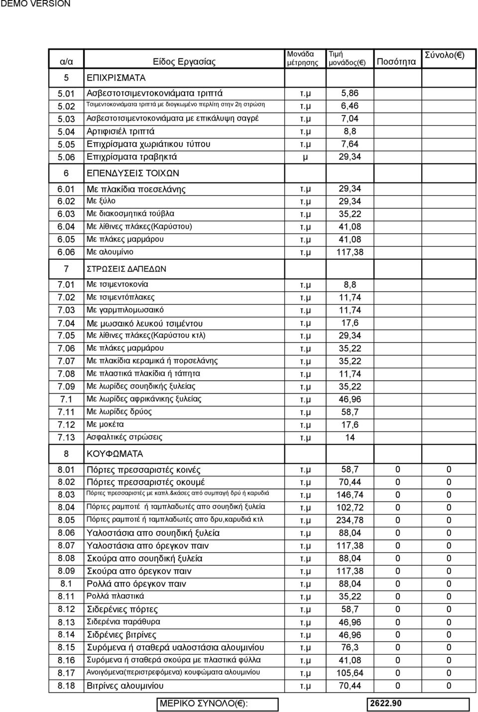 μ 35,22 6.04 Με λίθινες πλάκες(καρύστου) τ.μ 41,08 6.05 Με πλάκες μαρμάρου τ.μ 41,08 6.06 Με αλουμίνιο τ.μ 117,38 7 ΣΤΡΩΣΕΙΣ ΔΑΠΕΔΩΝ 7.01 Με τσιμεντοκονία τ.μ 8,8 7.02 Με τσιμεντόπλακες τ.μ 11,74 7.