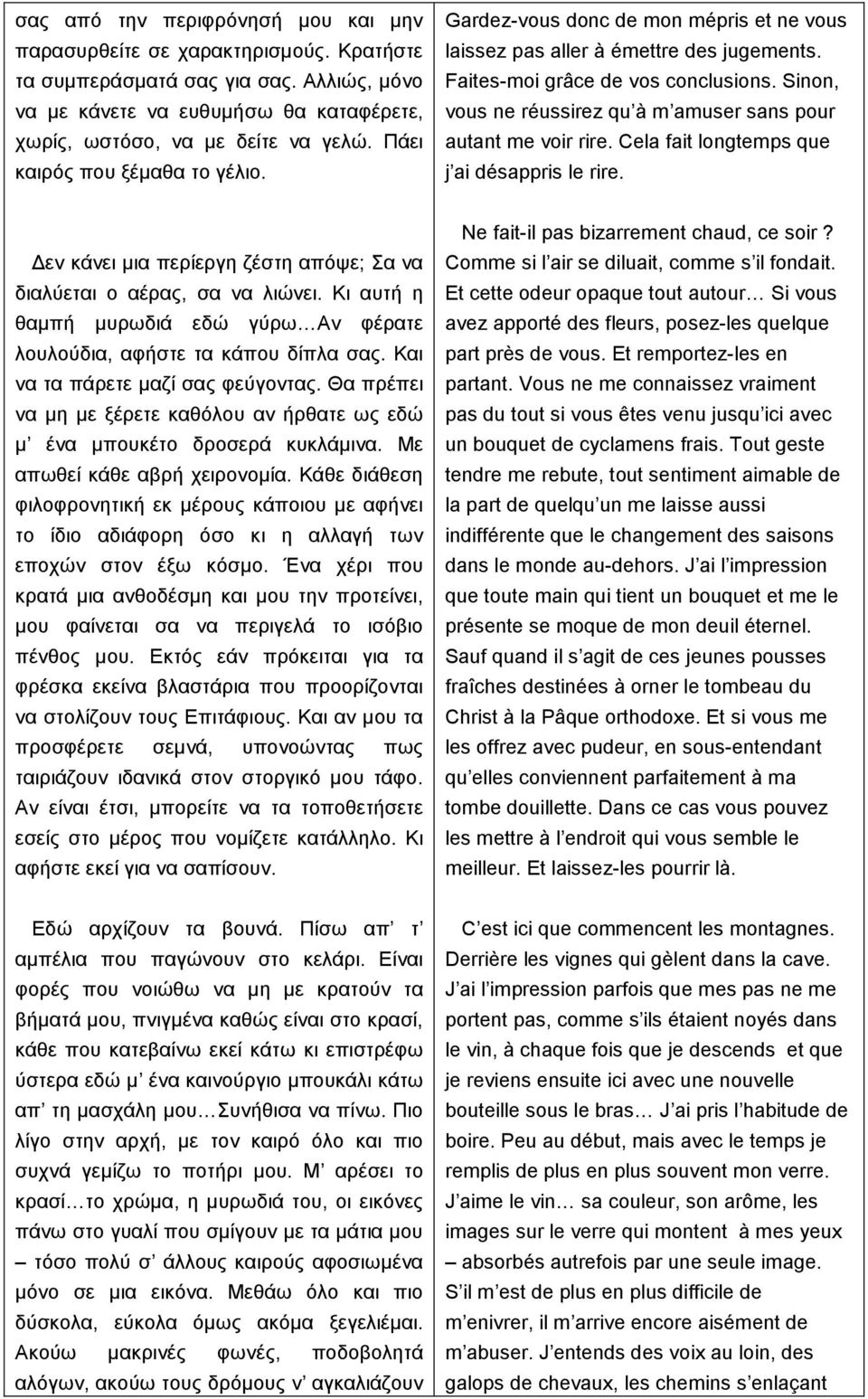 Sinon, vous ne réussirez qu à m amuser sans pour autant me voir rire. Cela fait longtemps que j ai désappris le rire. εν κάνει µια περίεργη ζέστη απόψε; Σα να διαλύεται ο αέρας, σα να λιώνει.