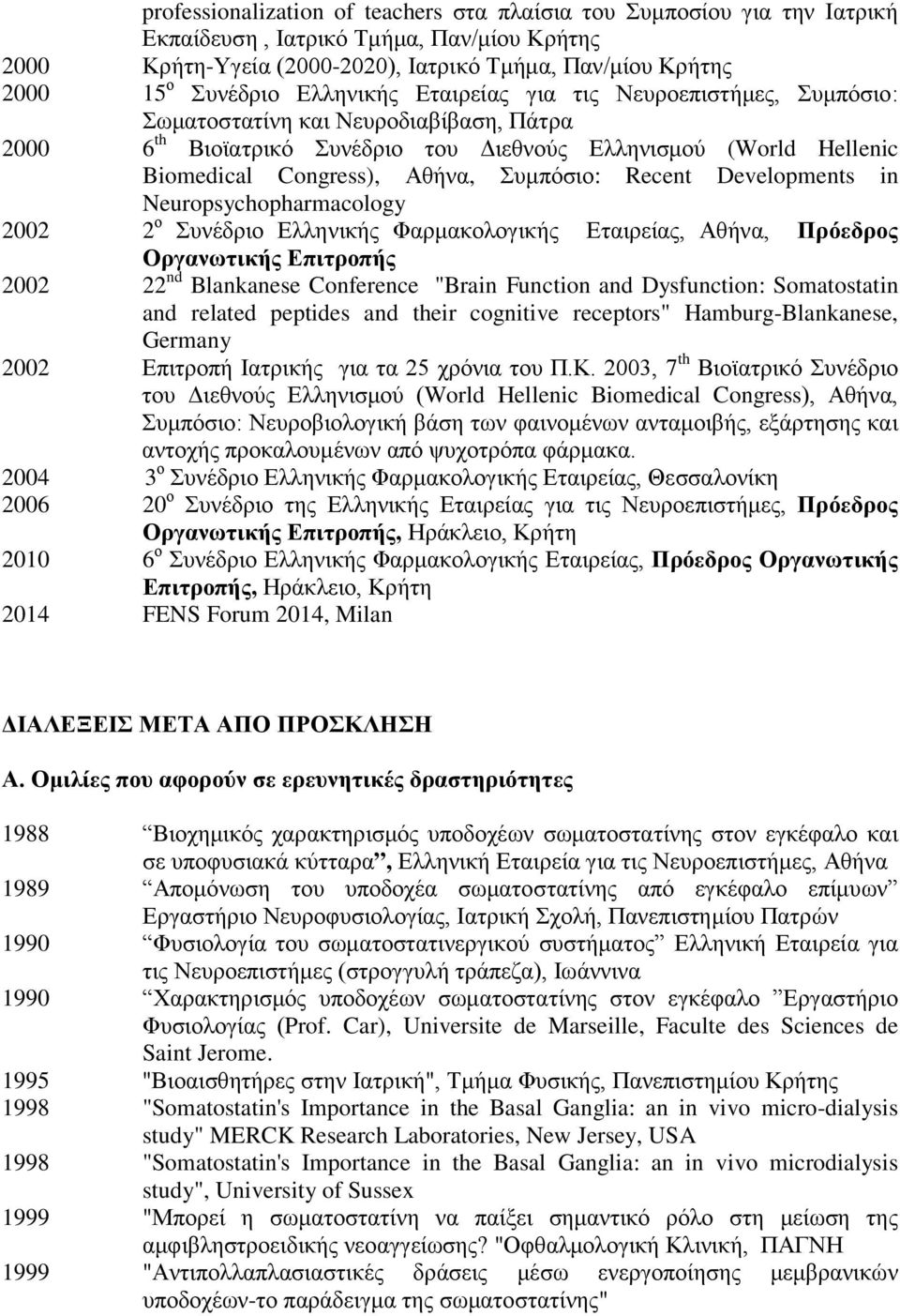 Συμπόσιο: Recent Developments in Neuropsychopharmacology 2002 2 ο Συνέδριο Ελληνικής Φαρμακολογικής Εταιρείας, Αθήνα, Πρόεδρος Οργανωτικής Επιτροπής 2002 22 nd Blankanese Conference "Brain Function