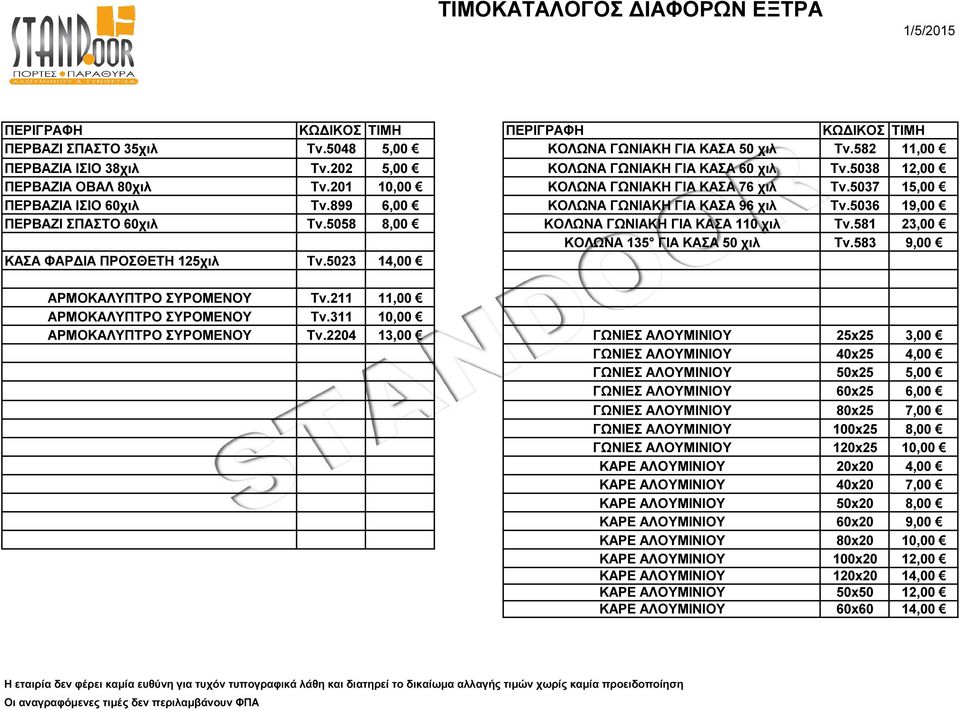 5036 19,00 ΠΕΡΒΑΖΙ ΣΠΑΣΤΟ 60χιλ Tv.5058 8,00 ΚΟΛΩΝΑ ΓΩΝΙΑΚΗ ΓΙΑ ΚΑΣΑ 110 χιλ Tv.581 23,00 ΚΟΛΩΝΑ 135 ΓΙΑ ΚΑΣΑ 50 χιλ Tv.583 9,00 ΚΑΣΑ ΦΑΡΔΙΑ ΠΡΟΣΘΕΤΗ 125χιλ Tv.5023 14,00 ΑΡΜΟΚΑΛΥΠΤΡΟ ΣΥΡΟΜΕΝΟΥ Tv.