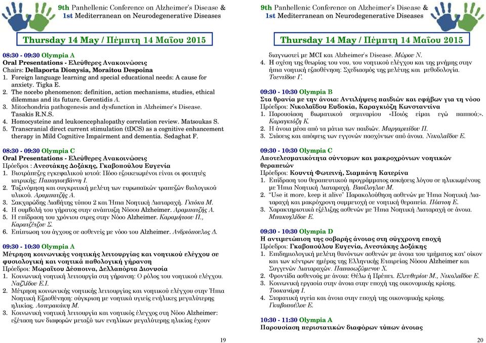 3. Mitochondria pathogenesis and dysfunction in Alzheimer s Disease. Tasakis R.N.S. 4. Homocysteine and leukoencephalopathy correlation review. Matsoukas S. 5.