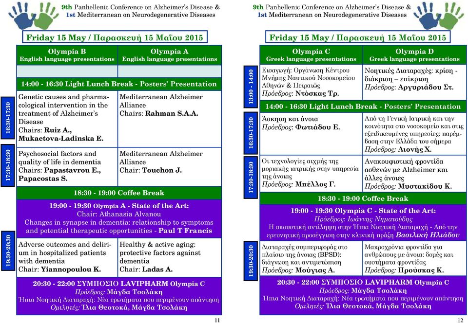 causes and pharmacological intervention in the treatment of Alzheimer s Disease Chairs: Ruiz A., Mukaetova-Ladinska E. Psychosocial factors and quality of life in dementia Chairs: Papastavrou E.