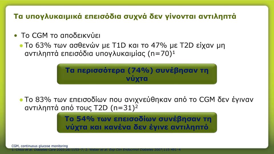 το CGM δεν έγιναν αντιληπτά από τους T2D (n=31) 2 Το 54% των επεισοδίων συνέβησαν τη νύχτα και κανένα δεν έγινε αντιληπτό CGM,