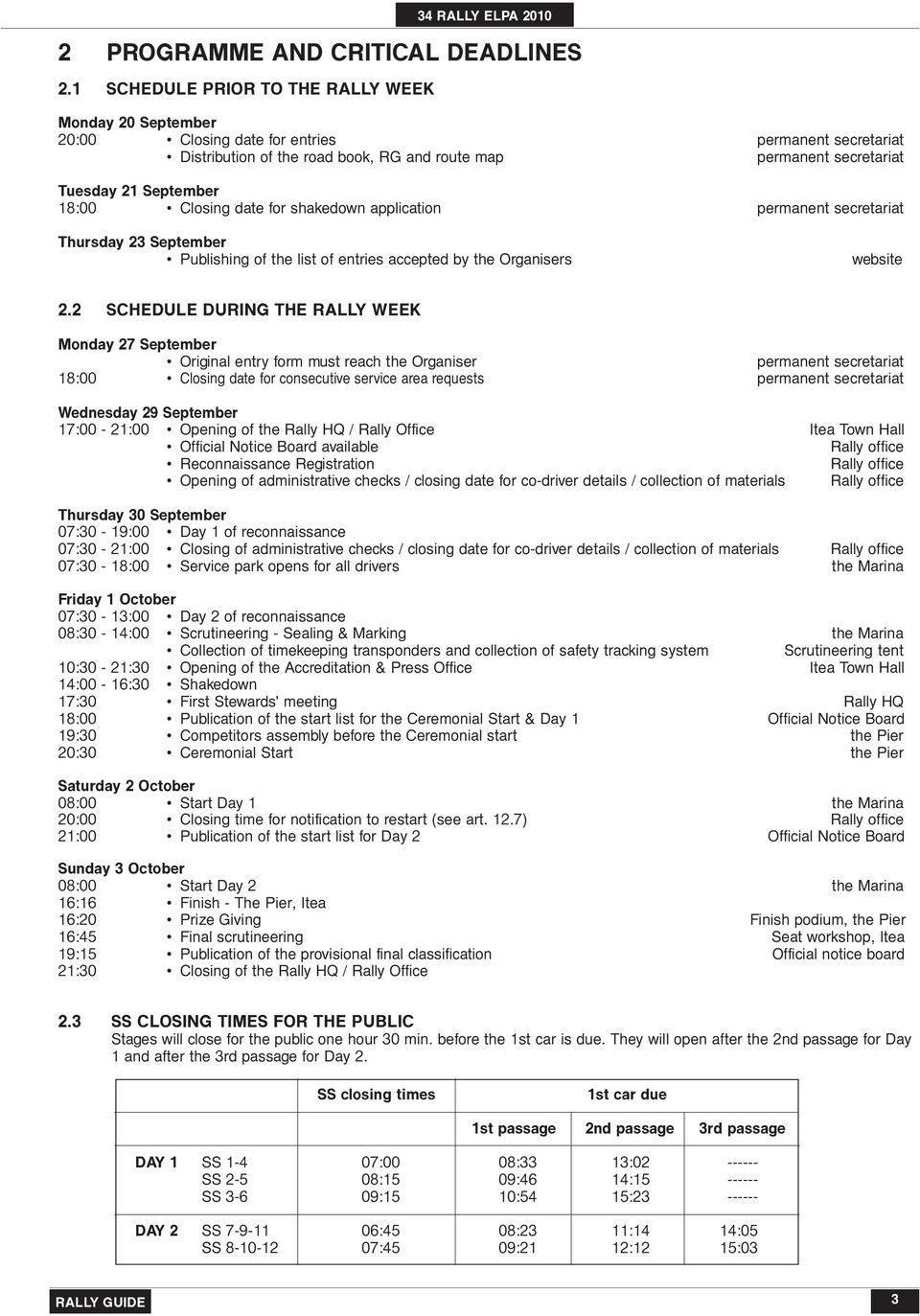 Tuesday 21 September 18:00 Closing date for shakedown application permanent secretariat Thursday 23 September Publishing of the list of entries accepted by the Organisers website 2.